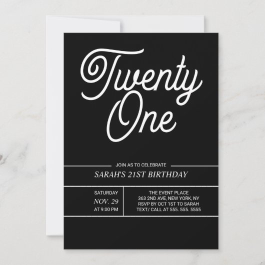 Invitation Black and Withe Modern 21st Birthday Party (Devant)