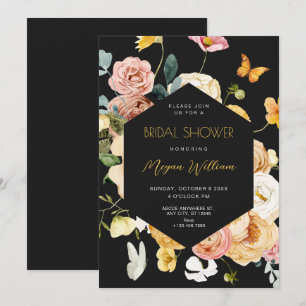 Invitation Black Aquarelle fleurie élégante douche nuptiale