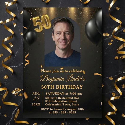 Invitation Black Balloons & Gold Confetti Photo 50th Birthday
