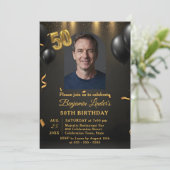 Invitation Black Balloons & Gold Confetti Photo 50th Birthday (Debout devant)