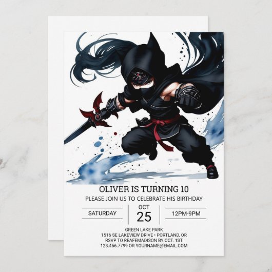 Invitation Black Belt Ninja Aventure Anniversaire (Devant / Derrière)