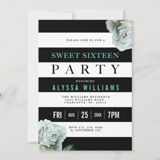 Invitation Black Blanc et Turquoise Roses Sweet 16 Party (Devant)