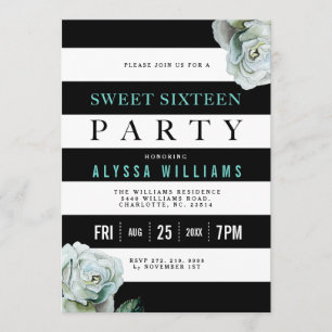 Invitation Black Blanc et Turquoise Roses Sweet 16 Party