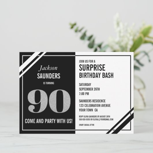 Invitation Black Blanc moderne 90e Anniversaire surpris (Debout devant)