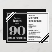 Invitation Black Blanc moderne 90e Anniversaire surpris (Devant / Derrière)