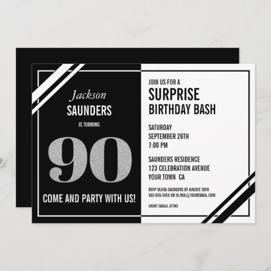 Invitation Black Blanc moderne 90e Anniversaire surpris (Devant / Derrière)