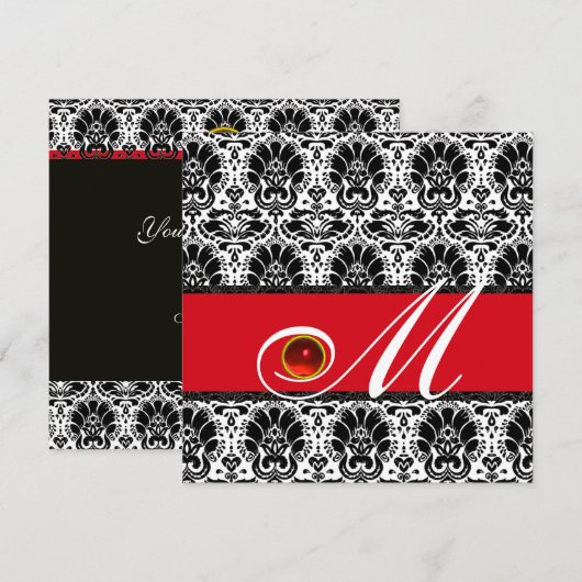 Invitation BLACK BLANC ROUGE DAMASK MONOGRAM Ruby (Devant / Derrière)