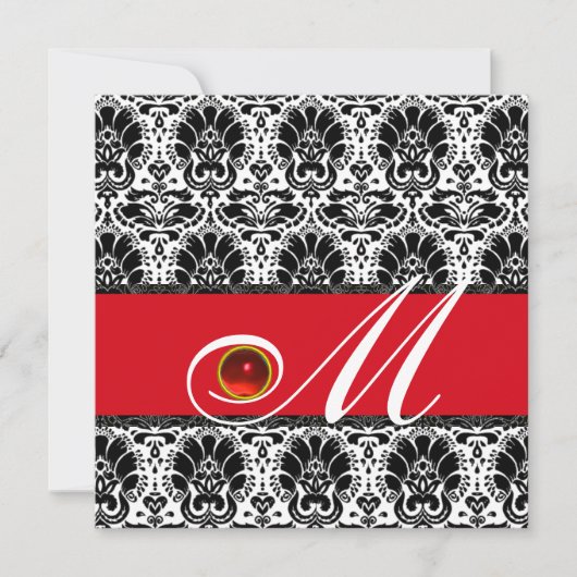 Invitation BLACK BLANC ROUGE DAMASK MONOGRAM Ruby (Devant)