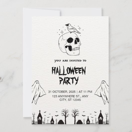 Invitation Black Blanc Simple Halloween Party Virtual (Devant)
