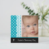 Invitation Black Blanc Turquoise bébé fille photo Christening (Debout devant)