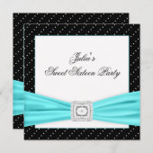 Invitation Black Blanc Turquoise Sweet 16 Party (Devant / Derrière)