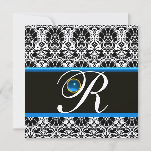 Invitation BLACK BLEU BLEU DAMASK MONOGRAM Sapphire Gold (Devant)