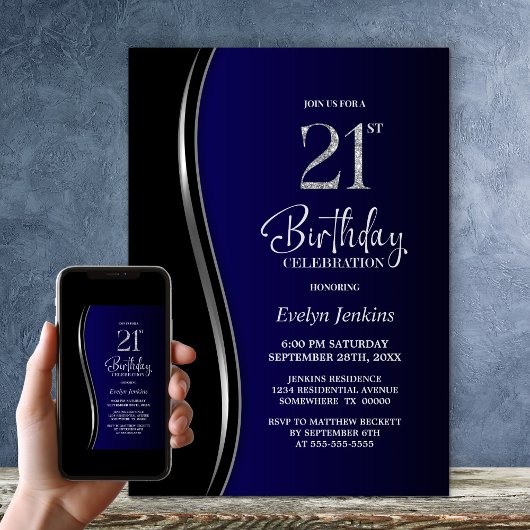 Invitation Black Blue 21e fête d'anniversaire