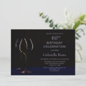 Invitation Black Blue 60th Birthday Wine Glass Party (Debout devant)