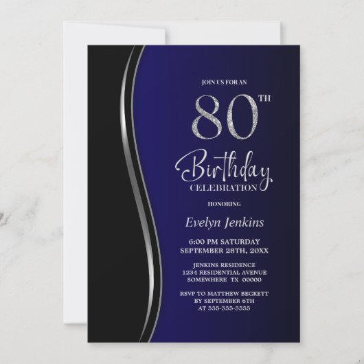 Invitation Black Blue 80th Birthday Party (Devant)