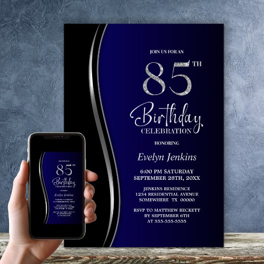 Invitation Black Blue 85th Birthday Party