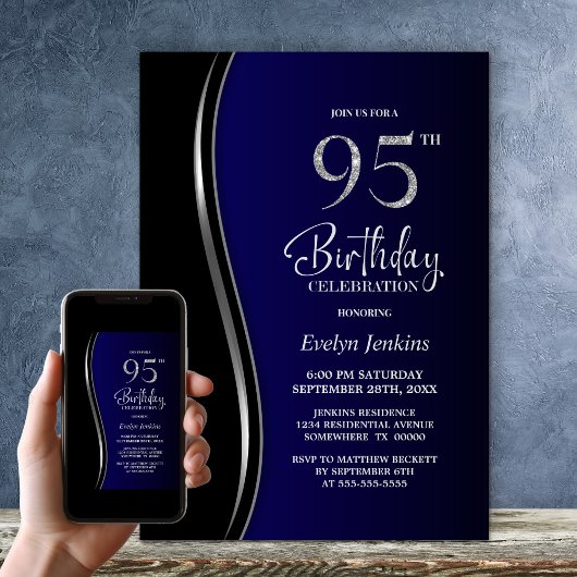 Invitation Black Blue 95th Birthday Party