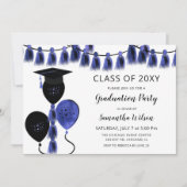 Invitation Black Blue Balloons Grad Casquette fête de graduat (Devant)