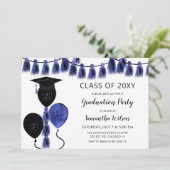 Invitation Black Blue Balloons Grad Casquette fête de graduat (Debout devant)