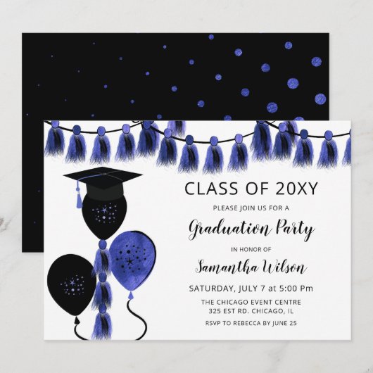 Invitation Black Blue Balloons Grad Casquette fête de graduat (Devant / Derrière)