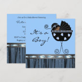 Invitation Black Blue Carriage Black Blue Baby Boy Douche (Devant / Derrière)