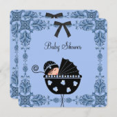 Invitation Black Blue Damask Baby Boy Douche (Devant / Derrière)