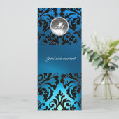 Invitation BLACK & BLUE DAMASK GEM PIERRE MONOGRAMME blanc (Debout devant)