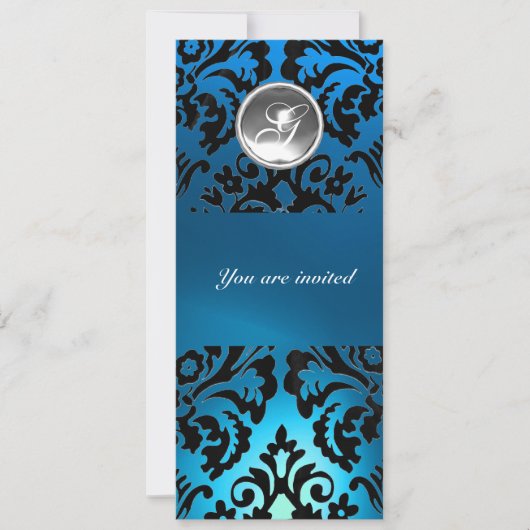 Invitation BLACK & BLUE DAMASK GEM PIERRE MONOGRAMME blanc (Devant)