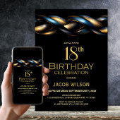 Invitation Black Blue Gold 18e fête d'anniversaire