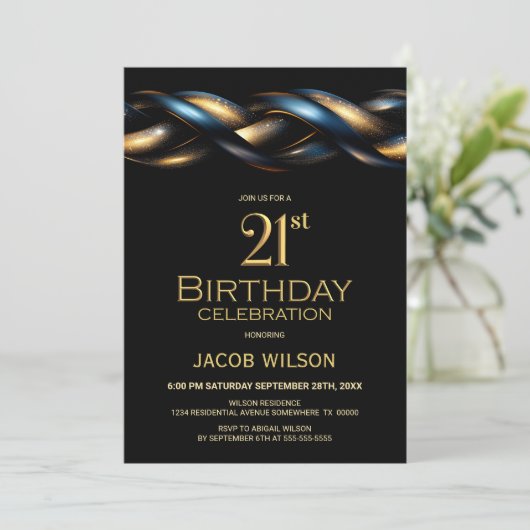 Invitation Black Blue Gold 21e fête d'anniversaire (Debout devant)