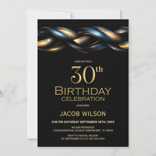Invitation Black Blue Gold 30e fête d'anniversaire (Devant)