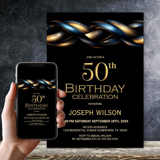 Invitation Black Blue Gold 50e fête d'anniversaire
