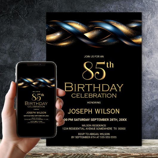 Invitation Black Blue Gold 85e anniversaire fête