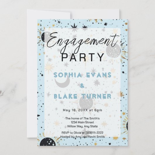 Invitation Black Blue Gold Celestial Mariage de l'engagement (Devant)