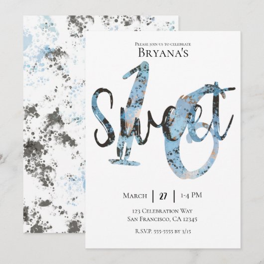Invitation Black Blue Gold Modern Sweet 16 Anniversaire (Devant / Derrière)