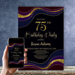 Invitation Black Blue Gold Parties scintillant 75e anniversai