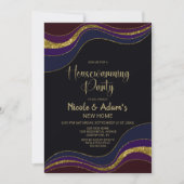 Invitation Black Blue Gold Parties scintillant Fête de chauff (Devant)