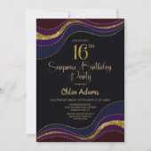 Invitation Black Blue Gold Parties scintillant Surprise 16e a (Devant)