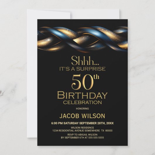 Invitation Black Blue Gold Surprise 50e fête d'anniversaire (Devant)