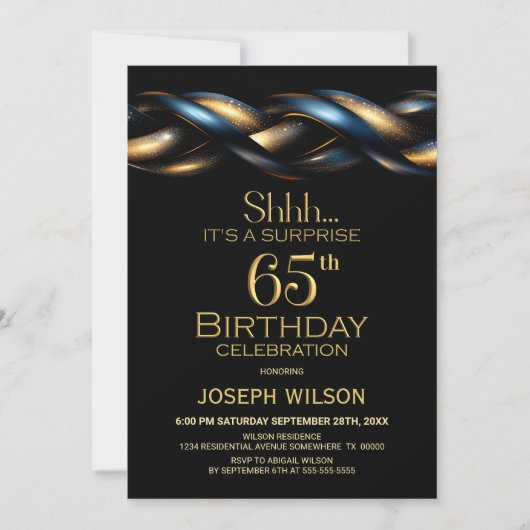 Invitation Black Blue Gold Surprise 65e fête d'anniversaire (Devant)