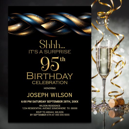 Invitation Black Blue Gold Surprise 95e anniversaire fête