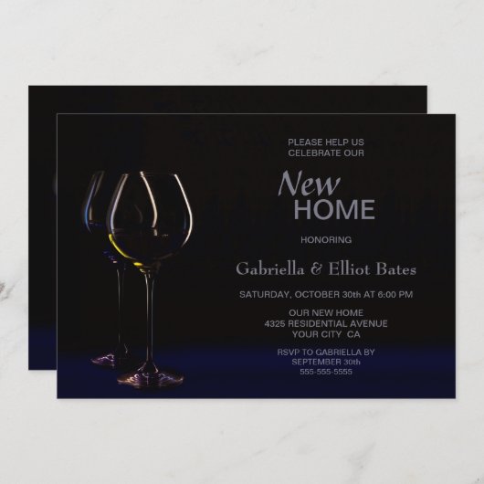 Invitation Black Blue House Wine Glass Party (Devant / Derrière)
