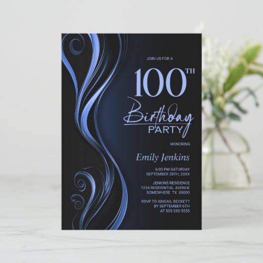 Invitation Black Blue moderne 100e fête d'anniversaire (Debout devant)