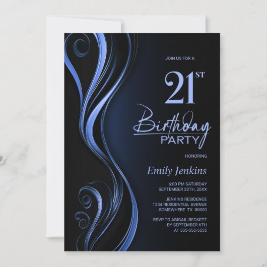 Invitation Black Blue moderne 21e fête d'anniversaire (Devant)