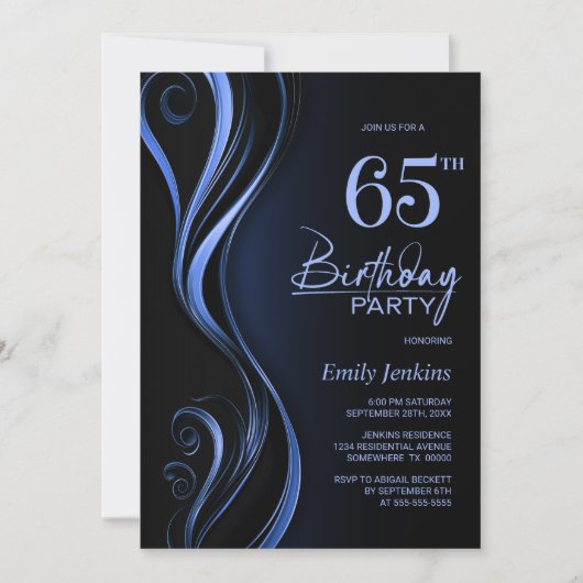Invitation Black Blue moderne 65e anniversaire fête (Devant)