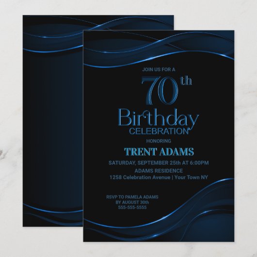 Invitation Black Blue moderne 70e fête d'anniversaire (Devant / Derrière)