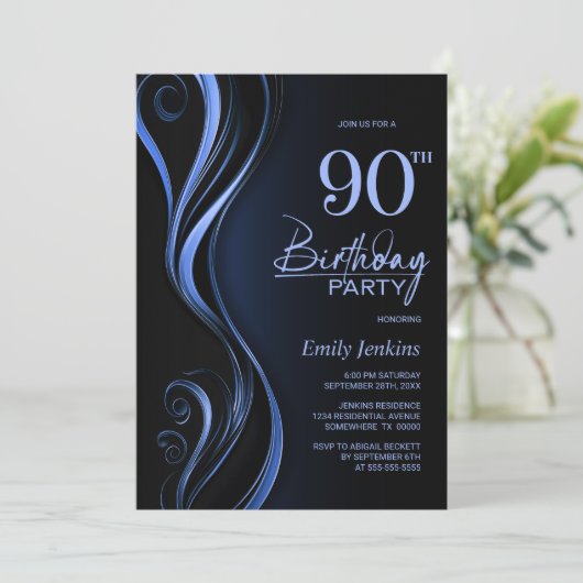 Invitation Black Blue moderne 90e fête d'anniversaire (Debout devant)