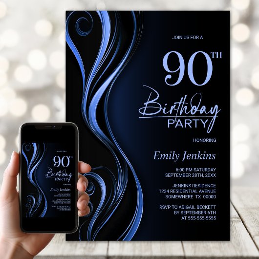 Invitation Black Blue moderne 90e fête d'anniversaire