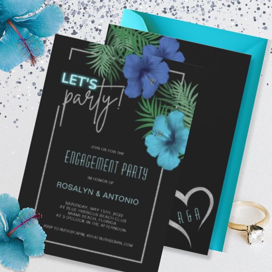 Invitation Black Blue Neon Tropical Engagement Party
