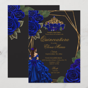Invitation Black Blue Rose Gold Princesse Quinceañera